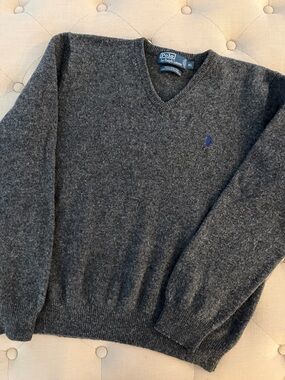 Polo Ralph Lauren Mens Extra Large 100% Lambswool Sweater V Neck Pullover Gray